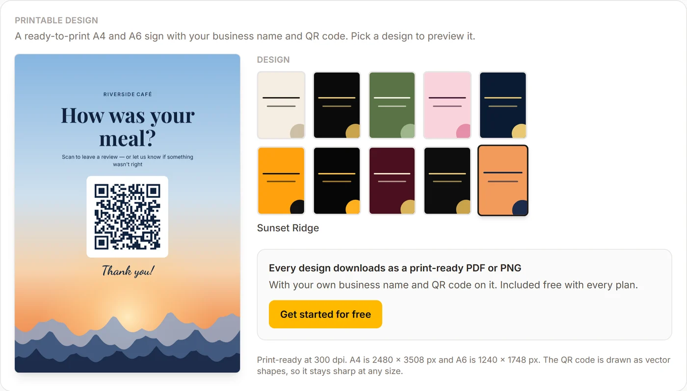 Dazenga's printable QR table sign designer, showing the full A4 sign with a live preview and ten designs to choose from