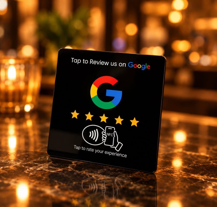 The Dazenga NFC review card, tap-to-review on a countertop